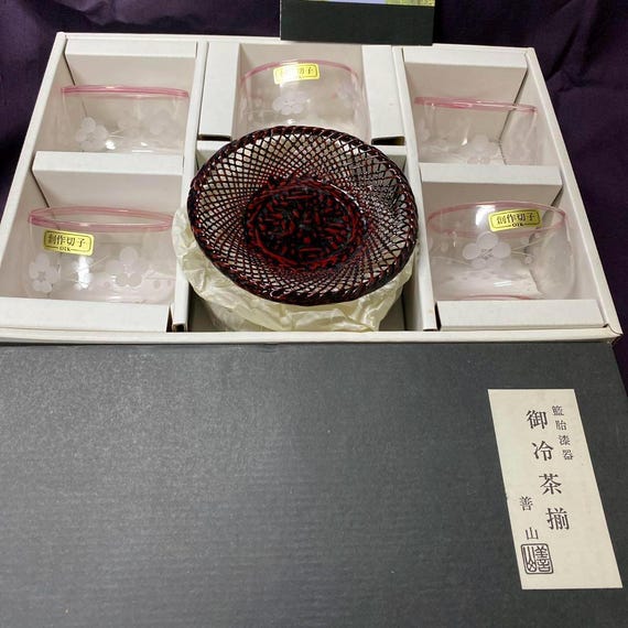 Japanese Cold Tea Set: Glass, Urushi Lacquer & Bamboo