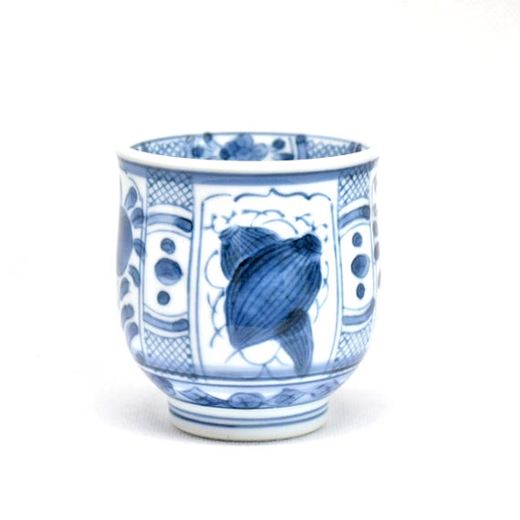 Arita Ware Yunomi Cups - Blue & White Floral vintage Japanese porcelain tableware with sometsuke painting