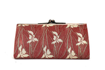 Hakata-ori Silk Wallet: Iris Motif coin purse back view on a white background
