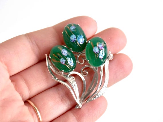 Japanese Floral Brooch With Green Glass Cabochons