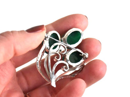 Japanese Floral Brooch With Green Glass Cabochons