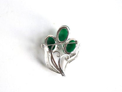 Japanese Floral Brooch With Green Glass Cabochons