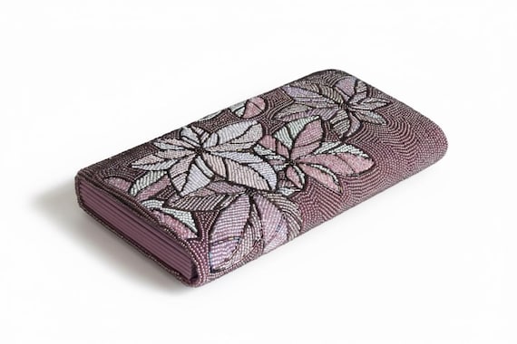 Japanese Beaded Clutch Floral Design vintage Showa era glass beaded bag