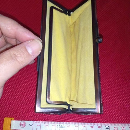 Hakata-ori Silk Wallet: Iris Motif open interior measured against a yellow tape measure