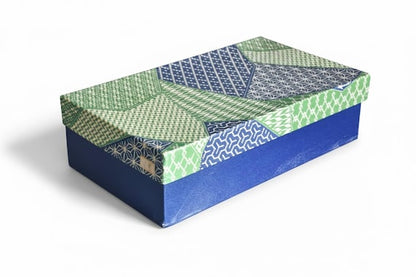 Kotan-Ori Kimono Bag original decorative cardboard box featuring traditional green and blue patterns