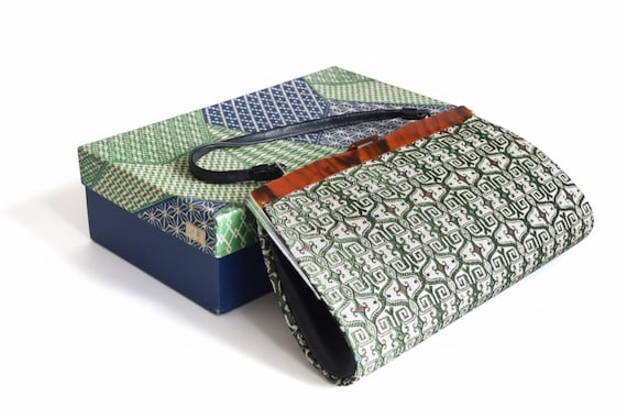 Kotan-Ori Kimono Bag shown resting slightly angled against its patterned vintage storage box
