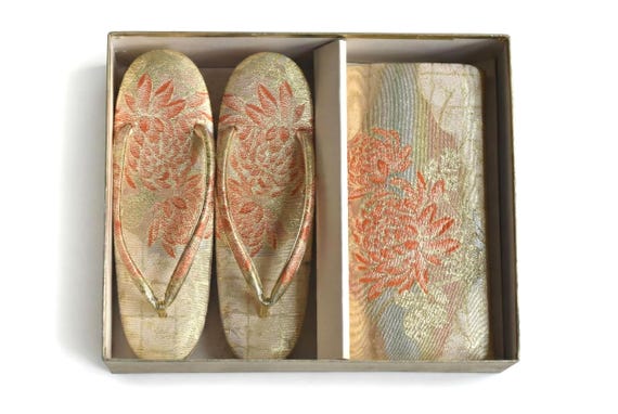 Gold Brocade Zori Sandals And Clutch Set