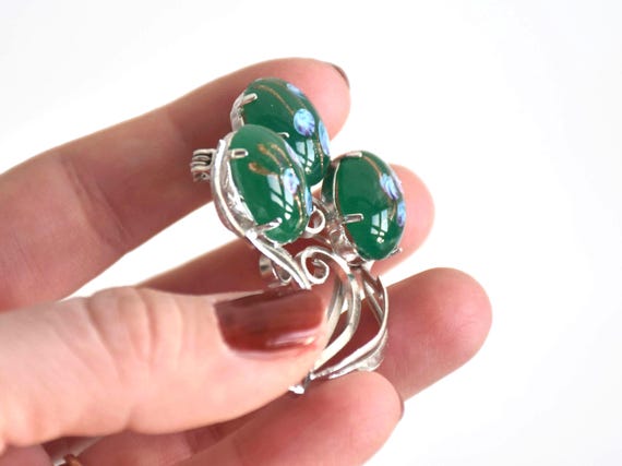 Japanese Floral Brooch With Green Glass Cabochons