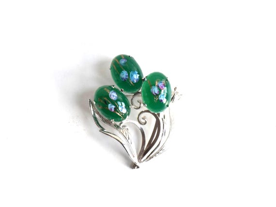 Japanese Floral Brooch With Green Glass Cabochons