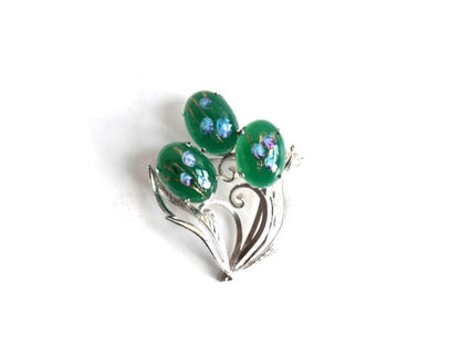 Japanese Floral Brooch With Green Glass Cabochons