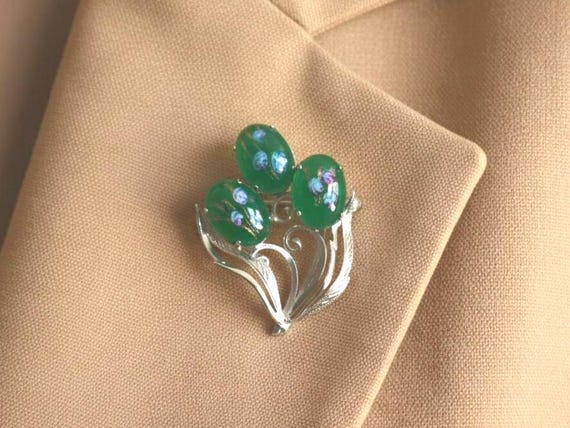 Japanese Floral Brooch With Green Glass Cabochons