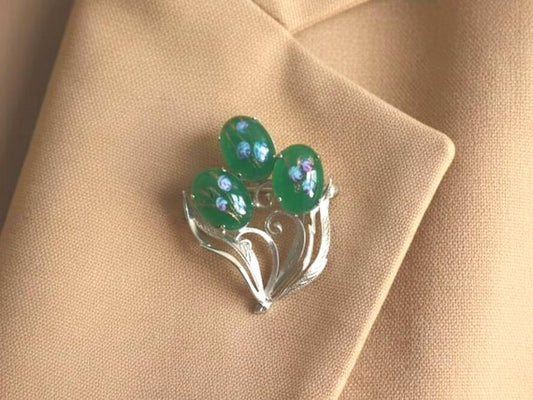 Floral Green Glass Cabochon Brooch vintage Japanese costume jewelry