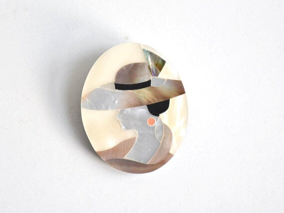 Raden Shell Inlay Portrait Brooch