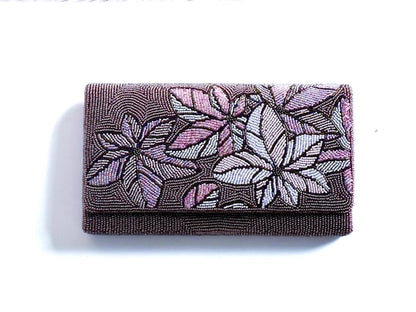 Japanese Beaded Clutch Floral Design front view of purple beaded purse