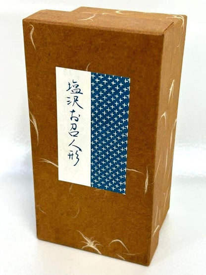 Omeshi Ningyō Doll original storage box with decorative Japanese calligraphy label on the front
