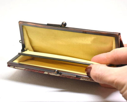 Hakata-ori Silk Wallet: Iris Motif coin purse open interior with yellow fabric lining