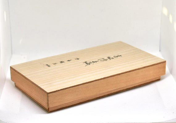 Hakata-ori Silk Wallet: Iris Motif original wooden presentation box with Japanese inscription