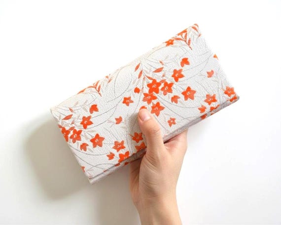 Kimono Clutch Elegant Evening Bag handcrafted from vintage Japanese kimono fabric in pearly beige and orange