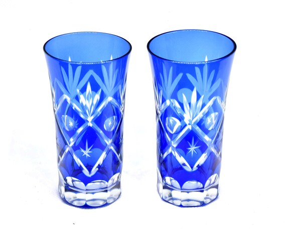 Aisai-Kiriko cobalt blue cut crystal sake cups front view