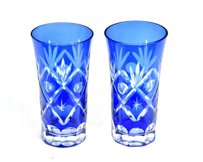 Aisai-Kiriko cobalt blue cut crystal sake cups front view