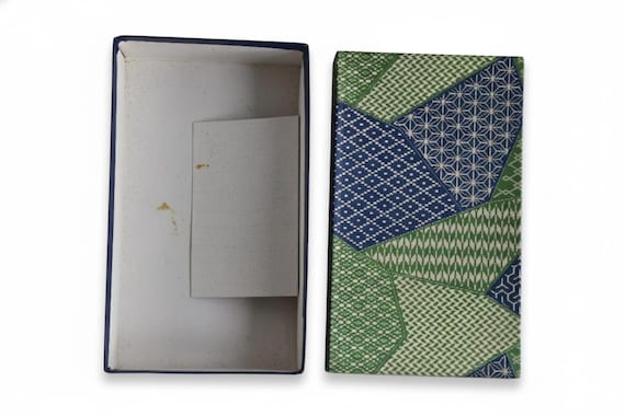 Kotan-Ori Kimono Bag empty vintage storage box showing interior wear and the patterned lid side by side