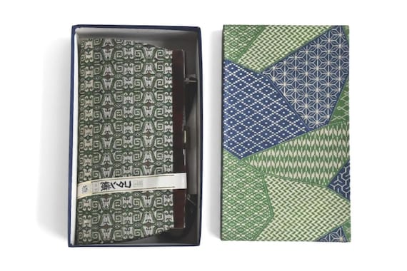 Kotan-Ori Kimono Bag neatly placed inside the open storage box next to its patterned lid