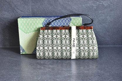 Kotan-Ori Kimono Bag in green and ivory geometric textile with matching original patterned gift box