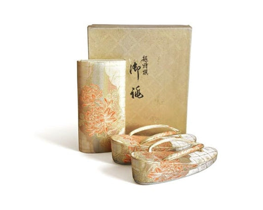 Gold Brocade Zori Sandals And Clutch Set