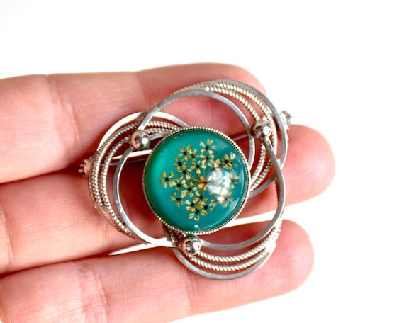 Japanese Floral Brooch With Green Glass