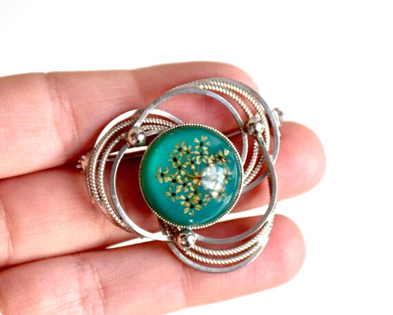 Japanese Floral Brooch With Green Glass