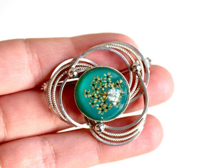 Japanese Floral Brooch With Green Glass