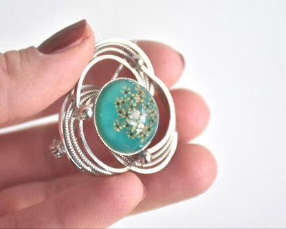 Japanese Floral Brooch With Green Glass