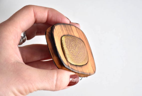 Wooden Brooch With Kimono Silk Inset
