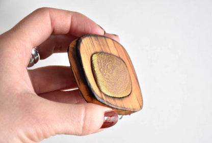 Wooden Brooch With Kimono Silk Inset