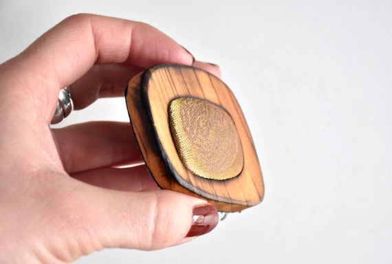 Japanese Wooden Brooch With Silk Fabric
