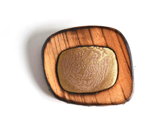 Wooden Brooch With Kimono Silk Inset