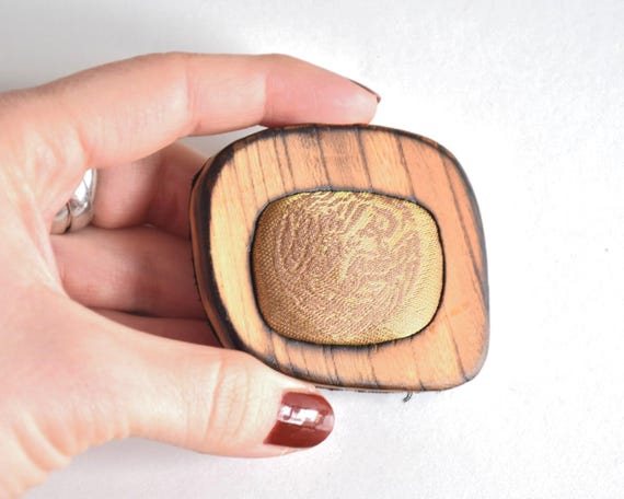 Wooden Brooch With Kimono Silk Inset