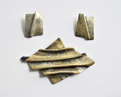Sculptural Leather Brooch & Clip Earrings Set