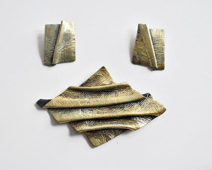 Sculptural Leather Brooch & Clip Earrings Set