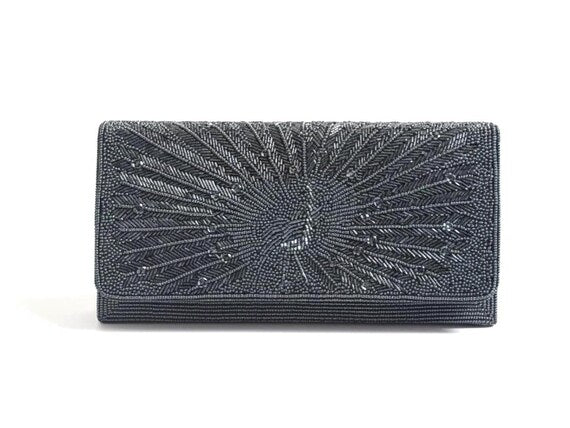 Japanese Beaded Peacock Clutch front view showing the shimmering bead pattern