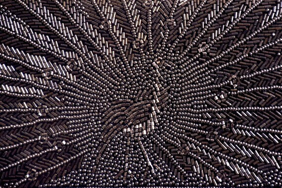 Japanese Beaded Peacock Clutch macro view of the intricate glass bead texture