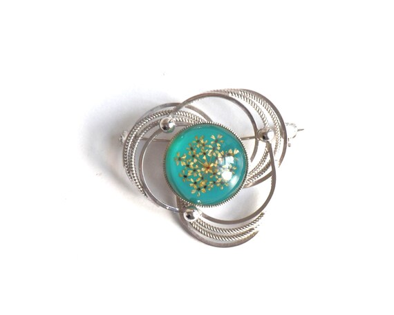 Japanese Floral Brooch With Green Glass