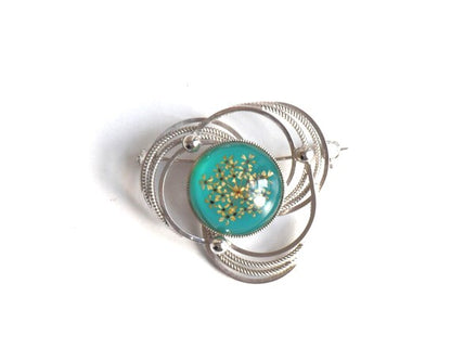 Japanese Floral Brooch With Green Glass