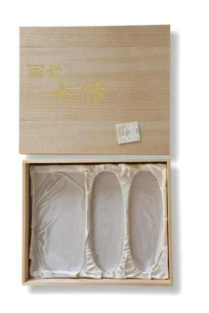 Gold Brocade Zori Sandals And Clutch Set with empty satin-lined slots in the wooden storage box showing storage