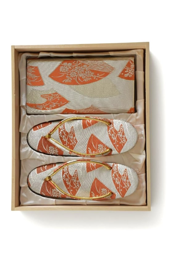 Gold Brocade Zori Sandals And Clutch Set arranged inside its original wooden storage box lined with satin fabric