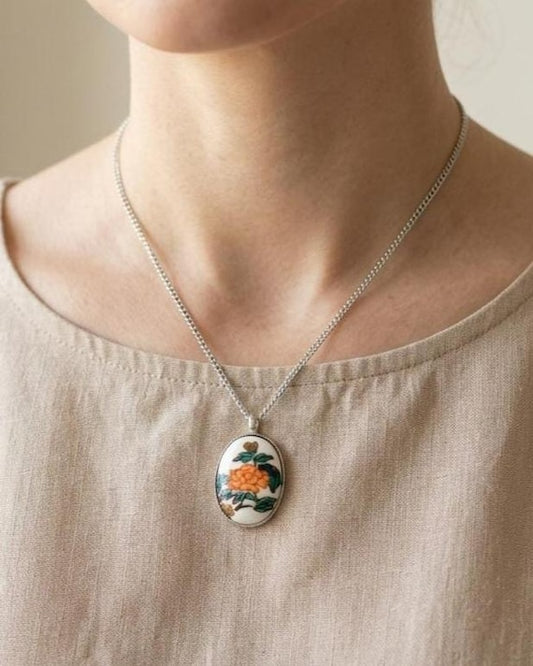 Kutani Porcelain Floral Pendant Necklace