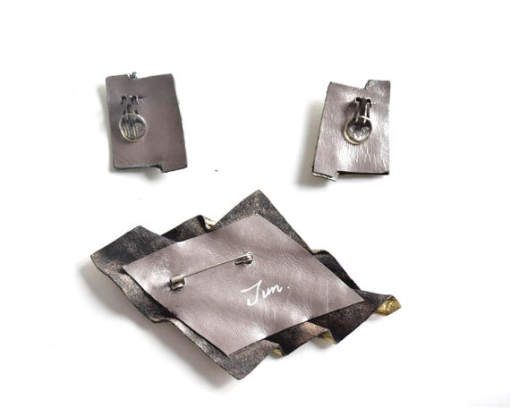 Sculptural Leather Brooch & Clip Earrings Set