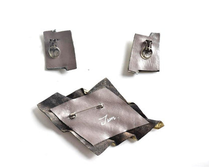 Sculptural Leather Brooch & Clip Earrings Set