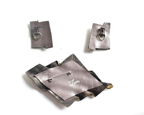 Sculptural Leather Brooch & Clip Earrings Set
