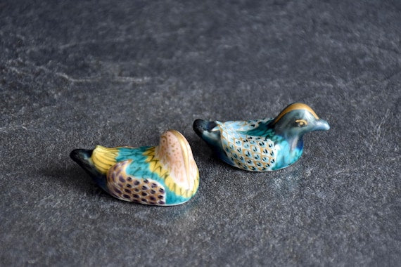 Japanese Porcelain Bird Chopstick Rests set shown from a slightly different angle on a dark surface